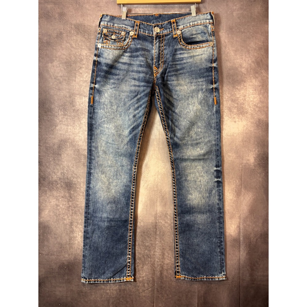 Vintage Y2K True Religion Men Size 36 Straight Flap Super T Jeans Orange Stitch